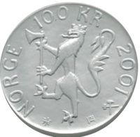 Norway coin 100 Kroner - Harald V - Nobel Peace Prize Centennial (2001) obverse obverse of 100 Kroner - Harald V - Nobel Peace Prize Centennial (2001) coin with KM# 469 from Norway. Inscription: NORGE 100 KR 2001 JEJ ØH ⚒