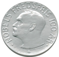 reverse of 100 Kroner - Harald V - Nobel Peace Prize Centennial (2001) coin with KM# 469 from Norway. Inscription: ·NOBELS FREDSPRIS 100 ÅR· G.VIGELAND sc. +