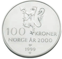 Norway coin 100 Kroner - Harald V - Year 2000 (1999) obverse obverse of 100 Kroner - Harald V - Year 2000 (1999) coin with KM# 466 from Norway. Inscription: 100 KRONER NORGE ÅR 2000 JEJ 1999 ⚒