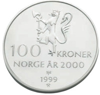 obverse of 100 Kroner - Harald V - Year 2000 (1999) coin with KM# 466 from Norway. Inscription: 100 KRONER NORGE ÅR 2000 JEJ 1999 ⚒