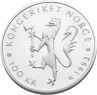 obverse of 100 Kroner - Harald V - World Cycling Championships (1993) coin with KM# 443 from Norway. Inscription: KONGERIKET NORGE 100 KR 1993