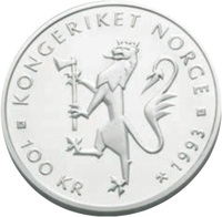 Norway coin 100 Kroner - Harald V - World Cycling Championships (1993) obverse obverse of 100 Kroner - Harald V - World Cycling Championships (1993) coin with KM# 443 from Norway. Inscription: KONGERIKET NORGE 100 KR 1993
