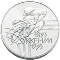 reverse of 100 Kroner - Harald V - World Cycling Championships (1993) coin with KM# 443 from Norway. Inscription: 1893 SYKKEL-VM 1993