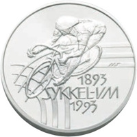 Norway coin 100 Kroner - Harald V - World Cycling Championships (1993) reverse reverse of 100 Kroner - Harald V - World Cycling Championships (1993) coin with KM# 443 from Norway. Inscription: 1893 SYKKEL-VM 1993