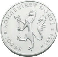 obverse of 100 Kroner - Harald V - World Cycling Championships (1993) coin with KM# 444 from Norway. Inscription: KONGERIKET NORGE 100 KR 1993 K IAR