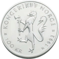 Norway coin 100 Kroner - Harald V - World Cycling Championships (1993) obverse obverse of 100 Kroner - Harald V - World Cycling Championships (1993) coin with KM# 444 from Norway. Inscription: KONGERIKET NORGE 100 KR 1993 K IAR