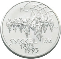 reverse of 100 Kroner - Harald V - World Cycling Championships (1993) coin with KM# 444 from Norway. Inscription: SYKKEL VM 1893 1993