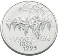 Norway coin 100 Kroner - Harald V - World Cycling Championships (1993) reverse reverse of 100 Kroner - Harald V - World Cycling Championships (1993) coin with KM# 444 from Norway. Inscription: SYKKEL VM 1893 1993