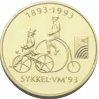 reverse of 1500 Kroner - Harald V - World Cycling Championships (1993) coin with KM# 445 from Norway. Inscription: 1893·1993 SYKKEL·VM'93