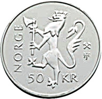obverse of 50 Kroner - Harald V - 50 years since the end of World War II (1995) coin with KM# 455 from Norway. Inscription: NORGE 50 KR JEJ
