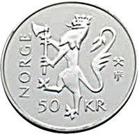 Norway coin 50 Kroner - Harald V - 50 years since the end of World War II (1995) obverse obverse of 50 Kroner - Harald V - 50 years since the end of World War II (1995) coin with KM# 455 from Norway. Inscription: NORGE 50 KR JEJ