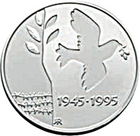Norway coin 50 Kroner - Harald V - 50 years since the end of World War II (1995) reverse reverse of 50 Kroner - Harald V - 50 years since the end of World War II (1995) coin with KM# 455 from Norway. Inscription: 1945·1995 IAR