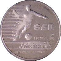 reverse of 50 Pesos - 1986 World Cup Soccer Games (1985) coin with KM# 515 from Mexico. Inscription: $50 1985 M Mexico86 COPA MUNDIAL DE FUTBOL