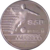 Mexico coin 50 Pesos - 1986 World Cup Soccer Games (1985) reverse reverse of 50 Pesos - 1986 World Cup Soccer Games (1985) coin with KM# 515 from Mexico. Inscription: $50 1985 M Mexico86 COPA MUNDIAL DE FUTBOL