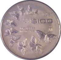 Mexico coin 100 Pesos - Mariposa Monarca (1987) reverse reverse of 100 Pesos - Mariposa Monarca (1987) coin with KM# 537 from Mexico. Inscription: 1987 $00 PLATA .720 MANIPOSA MONACA