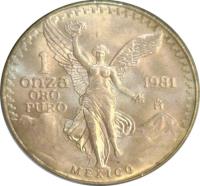 reverse of 1 Onza - Gold Bullion (1981 - 1988) coin with KM# 489 from Mexico. Inscription: 1 ONZA ORO PURO 1981 Mo MEXICO