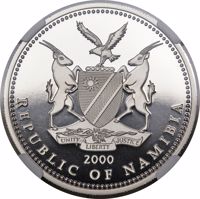Namibia coin 100 Dollars - 10th Anniversary of Independence (2000) obverse obverse of 100 Dollars - 10th Anniversary of Independence (2000) coin from Namibia. Inscription: UNITY LIBERTY JUSTICE 2000 REPUBLIC OF NAMIBIA
