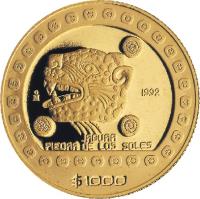 reverse of 1000 Pesos / 1 Onza - Jaguar (1992) coin with KM# 560 from Mexico. Inscription: Mo 1992 JAGUAR PIEDRA DE LOS SOLES $1000