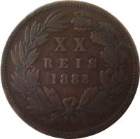 reverse of 20 Réis - Luíz I (1882 - 1886) coin with KM# 527 from Portugal. Inscription: X X R E I S 1884