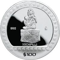 Mexico coin 100 Pesos / 1 Onza - Xochipilli (1992) reverse reverse of 100 Pesos / 1 Onza - Xochipilli (1992) coin with KM# 562 from Mexico. Inscription: 1992 Mo XOCHIPILLI $100