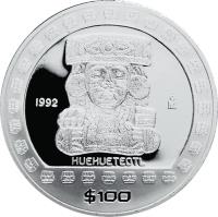 Mexico coin 100 Pesos / 1 Onza - Huehuetéotl (1992) reverse reverse of 100 Pesos / 1 Onza - Huehuetéotl (1992) coin with KM# 564 from Mexico. Inscription: 1992 Mo HUEHUETEOTL $100