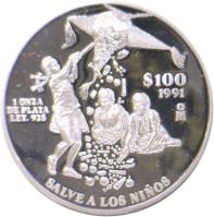 Mexico coin 100 Pesos - Salve a los niños (1991) reverse reverse of 100 Pesos - Salve a los niños (1991) coin with KM# 539 from Mexico. Inscription: 1 ONZA DE PLATA LEY .925 $100 1991 Mo SALVE A LOS NIÑOS