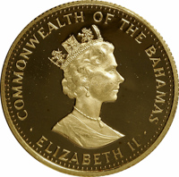 Bahamas coin 250 Dollars - Elizabeth II - Queen Isabella and Christopher Columbus (1987) obverse obverse of 250 Dollars - Elizabeth II - Queen Isabella and Christopher Columbus (1987) coin with KM# 121 from Bahamas. Inscription: COMMONWEALTH OF THE BAHAMAS RDM · ELIZABETH II ·