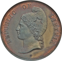 obverse of 2 Cents (1890) coin from Liberia. Inscription: REPUBLIC OF LIBERIA E