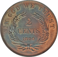 reverse of 2 Cents (1890) coin from Liberia. Inscription: IN GOD WE TRUST 2 CENTS 1890