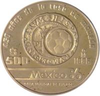 Mexico coin 500 Pesos - 1986 World Cup Soccer Games / 450th Anniversary of the Mexico City Mint (1985) reverse reverse of 500 Pesos - 1986 World Cup Soccer Games / 450th Anniversary of the Mexico City Mint (1985) coin with KM# 507 from Mexico. Inscription: 450 años DE LA CASA DE MONEDA $500 Mo 1985 México 86 COPA MUNDIAL DE FUTBOL ORO 900