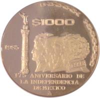 reverse of 1000 Pesos - 175th Anniversary of Independence (1985) coin with KM# 513 from Mexico. Inscription: $1000 1985 175 ANIVERSARIO DE LA INDEPENDENCIA DE MEXICO Mo
