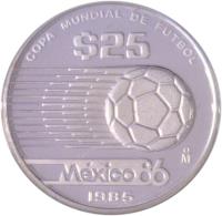 reverse of 25 Pesos - 1986 World Cup Soccer Games (1985) coin with KM# 514 from Mexico. Inscription: COPA MUNDIAL DE FUTBOL $25 México 86 Mo 1985