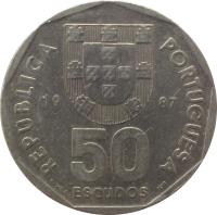 obverse of 50 Escudos (1986 - 2001) coin with KM# 636 from Portugal. Inscription: REPUBLICA PORTUGUESA 19 87 50 ESCUDOS E.VAZ