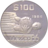 Mexico coin 100 Pesos - 1986 World Cup Soccer Games (1986) reverse reverse of 100 Pesos - 1986 World Cup Soccer Games (1986) coin with KM# 521 from Mexico. Inscription: $100 1986 Mo México 86 COPA MUNDIAL DE FUTBOL