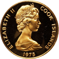 obverse of 100 Dollars - Elizabeth II - 200th Anniversary of the Second Return of Captain James Cook (1975) coin with KM# 13 from Cook Islands. Inscription: ELIZABETH II COOK ISLANDS 1975
