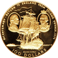 reverse of 100 Dollars - Elizabeth II - 200th Anniversary of the Second Return of Captain James Cook (1975) coin with KM# 13 from Cook Islands. Inscription: BICENTENARY·RETURN TO ENGLAND FROM SECOND VOYAGE, 1775 900/1000 FINE GOLD 100 DOLLARS JB FM
