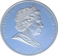 Cook Islands coin 20 Dollars - Elizabeth II - Masterpieces of Art Series - Blue Horse I by Franz Marc (2011) obverse obverse of 20 Dollars - Elizabeth II - Masterpieces of Art Series - Blue Horse I by Franz Marc (2011) coin with KM# 1403 from Cook Islands. Inscription: ELIZABETH II COOK ISLANDS 20 DOLLARS