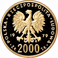 Poland coin 2000 Złotych - 45th Anniversary of the Death of Marie Skłodowska-Curie (1979) obverse obverse of 2000 Złotych - 45th Anniversary of the Death of Marie Skłodowska-Curie (1979) coin with Y# 107 from Poland. Inscription: • POLSKA • RZECZPOSPOLITA • LUDOWA • 19 79 mw ZŁ 2000 ZŁ