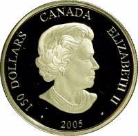 obverse of 150 Dollars - Elizabeth II - Year of the Rooster (2005) coin with KM# 568 from Canada. Inscription: 150 DOLLARS CANADA ELIZABETH II · 2005 ·