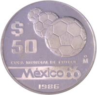 Mexico coin 50 Pesos - 1986 World Cup Soccer Games (1986) reverse reverse of 50 Pesos - 1986 World Cup Soccer Games (1986) coin with KM# 523 from Mexico. Inscription: $50 Mo COPA MUNDIAL DE FUTBOL México 86 1986