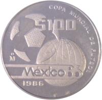 Mexico coin 100 Pesos - 1986 World Cup Soccer Games (1986) reverse reverse of 100 Pesos - 1986 World Cup Soccer Games (1986) coin with KM# 524 from Mexico. Inscription: COPA MUNDIAL DE FUTBOL $100 Mo México 86 1986