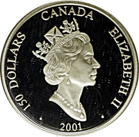 Canada coin 150 Dollars - Elizabeth II - Year of the Snake (2001) obverse obverse of 150 Dollars - Elizabeth II - Year of the Snake (2001) coin with KM# 417 from Canada. Inscription: 150 DOLLARS CANADA ELIZABETH II 2001