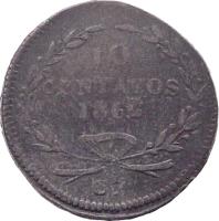 Mexico coin 10 Centavos (1863 - 1870) reverse reverse of 10 Centavos (1863 - 1870) coin with KM# 401 from Mexico. Inscription: 10 CENTAVOS 1863 S.L.P.