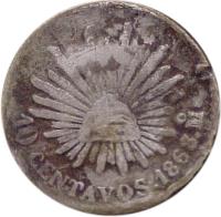 Mexico coin 10 Centavos (1867 - 1869) reverse reverse of 10 Centavos (1867 - 1869) coin with KM# 402 from Mexico. Inscription: 10 CENTAVOS . 1868 P.