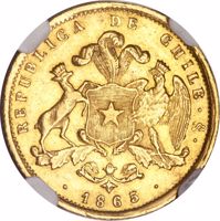 obverse of 2 Pesos (1856 - 1865) coin with KM# 132 from Chile. Inscription: REPUBLICA DE CHILE So 1865
