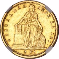 reverse of 2 Pesos (1856 - 1865) coin with KM# 132 from Chile. Inscription: IGUALDAD ANTE LA LEI 2 Ps