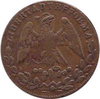 obverse of 1/4 Real (1867) coin with KM# 362 from Mexico. Inscription: ESTADO LIBRE Y SOBERANO DE S.L. POTOSI