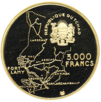 obverse of 3000 Francs - 10th Anniversary of Independence (1970) coin with KM# 9 from Chad. Inscription: REPUBLIQUE DU TCHAD UNITE TRAVAIL PROGRES 3.000 FRANCS