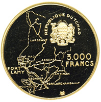 Chad coin 3000 Francs - 10th Anniversary of Independence (1970) obverse obverse of 3000 Francs - 10th Anniversary of Independence (1970) coin with KM# 9 from Chad. Inscription: REPUBLIQUE DU TCHAD UNITE TRAVAIL PROGRES 3.000 FRANCS