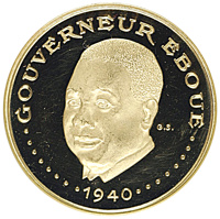 Chad coin 3000 Francs - 10th Anniversary of Independence (1970) reverse reverse of 3000 Francs - 10th Anniversary of Independence (1970) coin with KM# 9 from Chad. Inscription: GOUVERNEUR EBOUE G.S. 1940